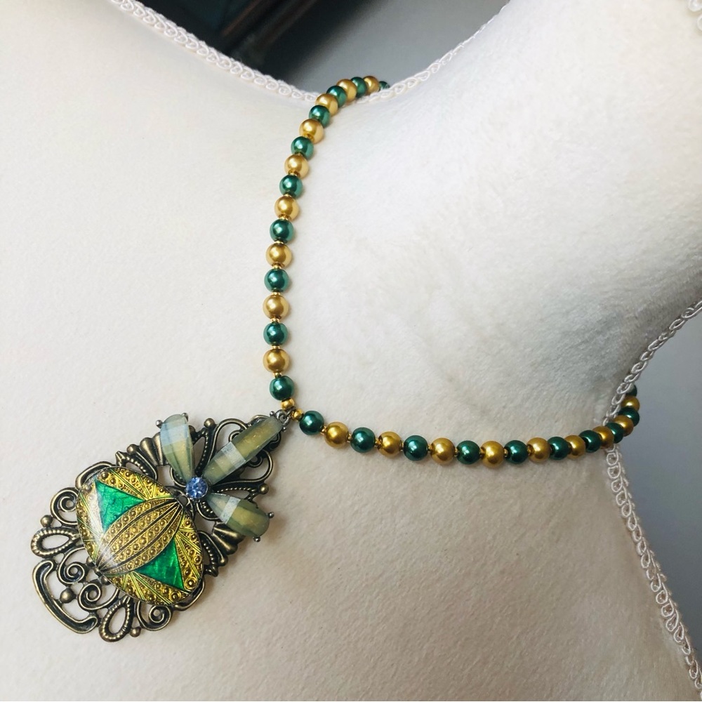 Handcrafted repurpose filigree stone medallion Czech glass Pearl necklace